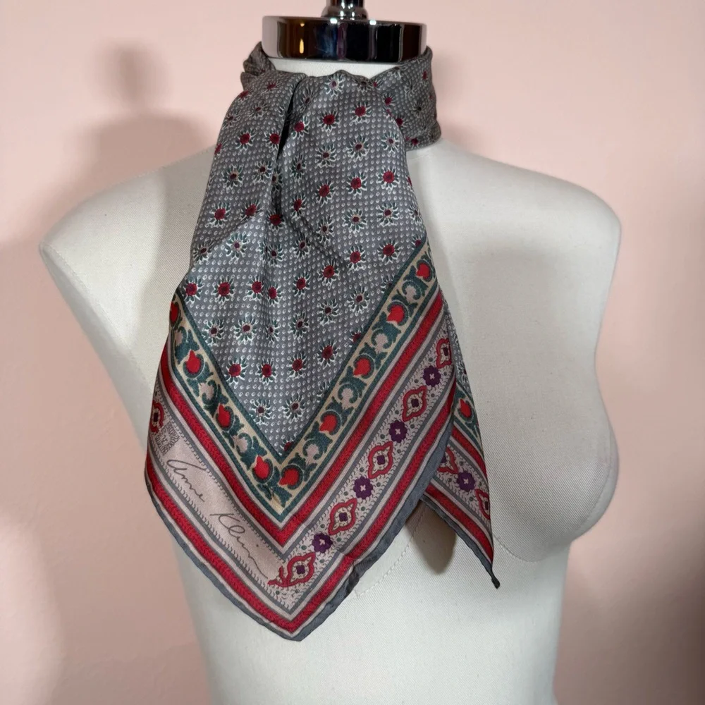 Anne Klein Vintage southwestern floral Grey teal Burgandy Red silk Scarf